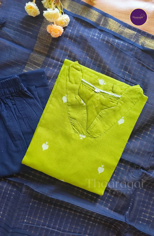 Pure Handloom Cotton Kurti Set in Grass Green - 3 Pcs Set