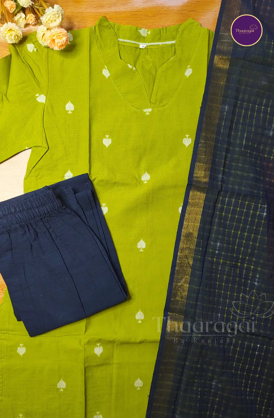Pure Handloom Cotton Kurti Set in Grass Green - 3 Pcs Set