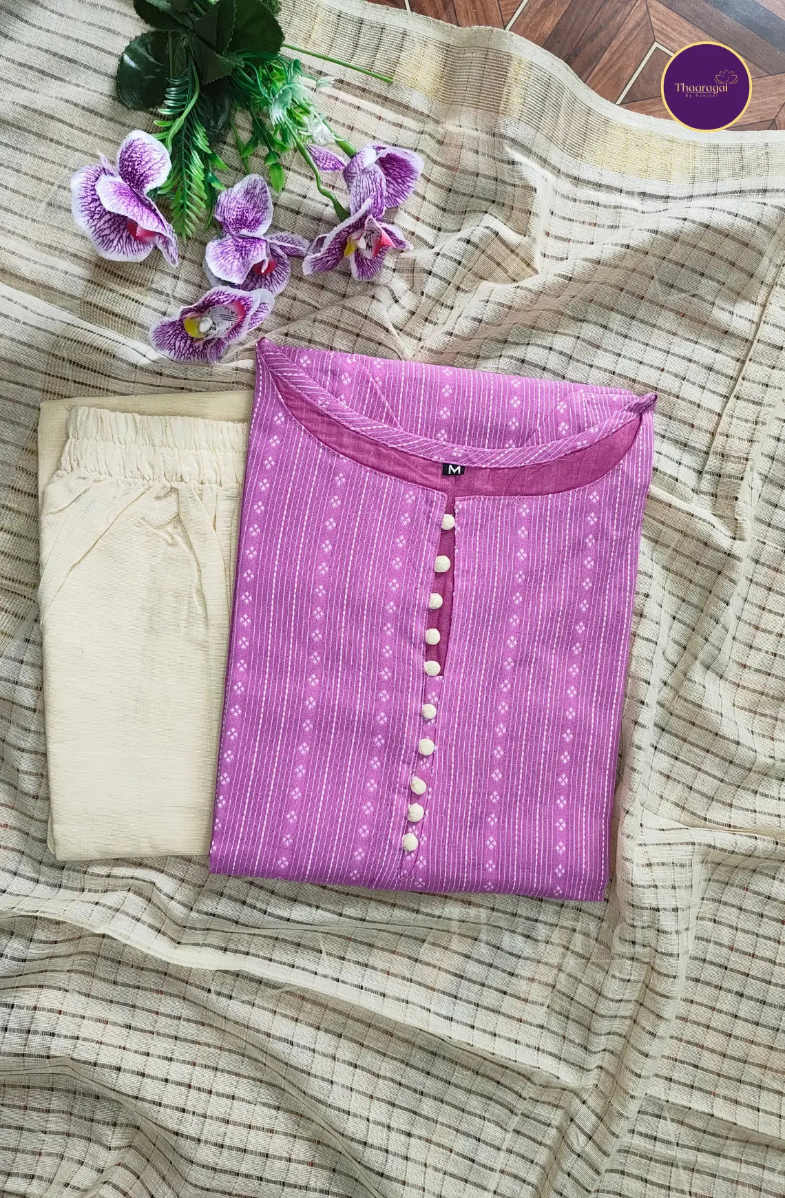 Pure Handloom Cotton Kurti Set in Pinkish Purple - 3 Piece Set
