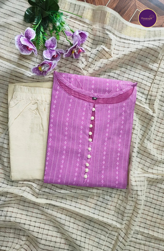 Pure Handloom Cotton Kurti Set in Pinkish Purple - 3 Piece Set
