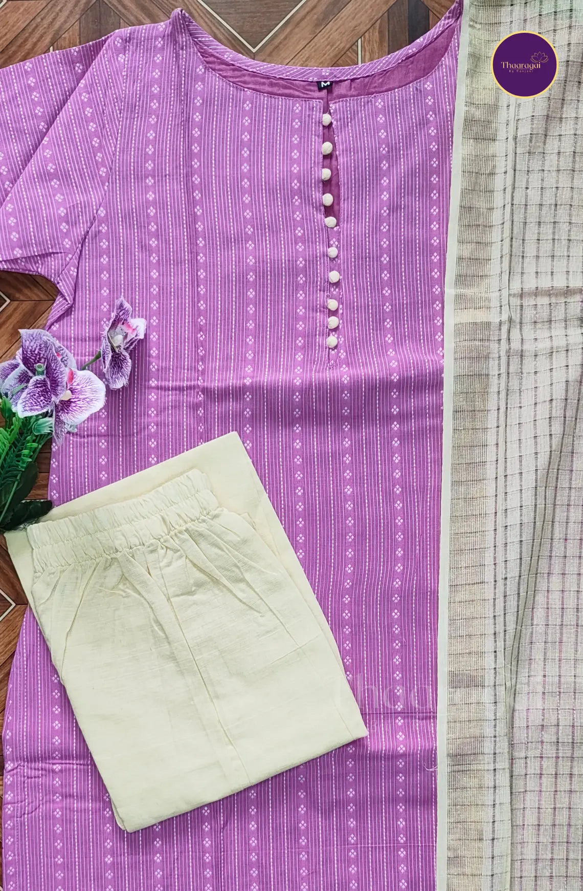 Pure Handloom Cotton Kurti Set in Pinkish Purple - 3 Piece Set