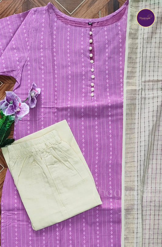 Pure Handloom Cotton Kurti Set in Pinkish Purple - 3 Piece Set
