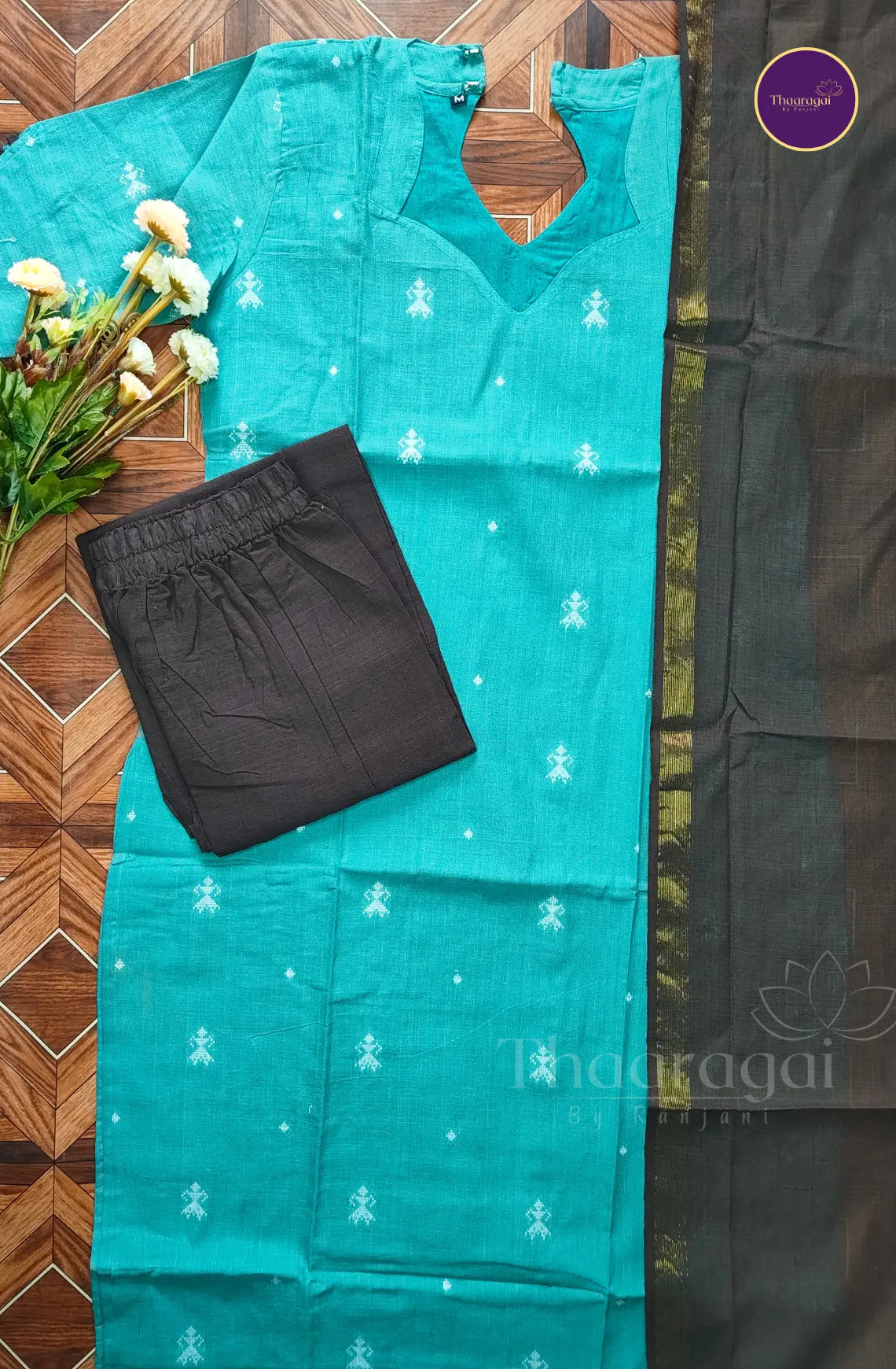 Pure Handloom Cotton Kurti Set in Aqua Blue - 3 Piece Set