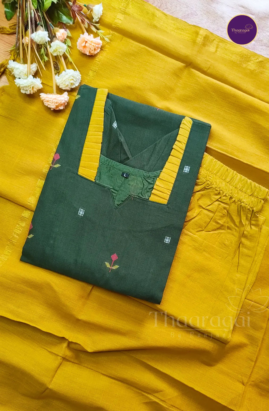 Pure Handloom Cotton Kurti Set in Olive Green - 3 Piece Set