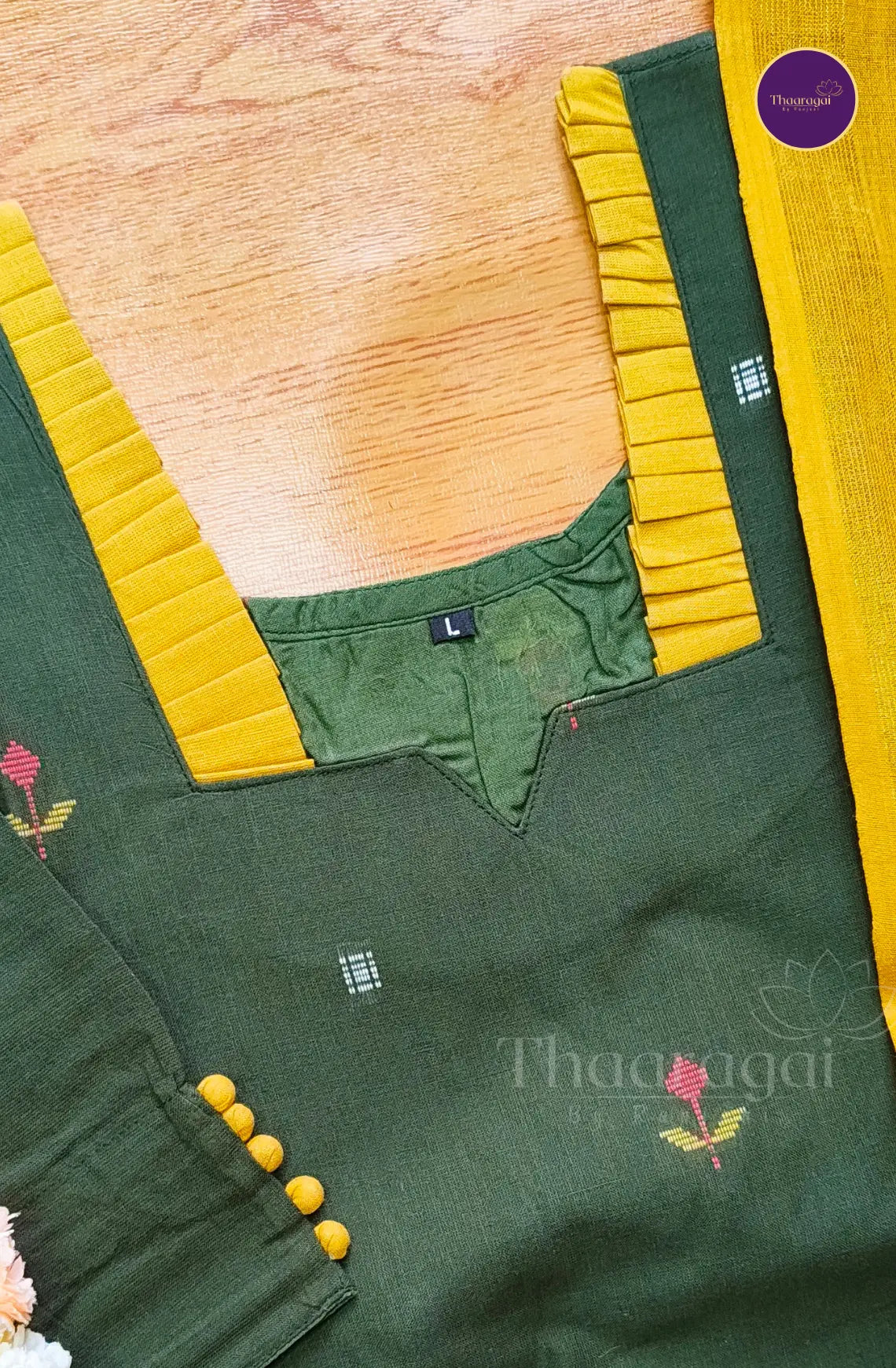 Pure Handloom Cotton Kurti Set in Olive Green - 3 Piece Set
