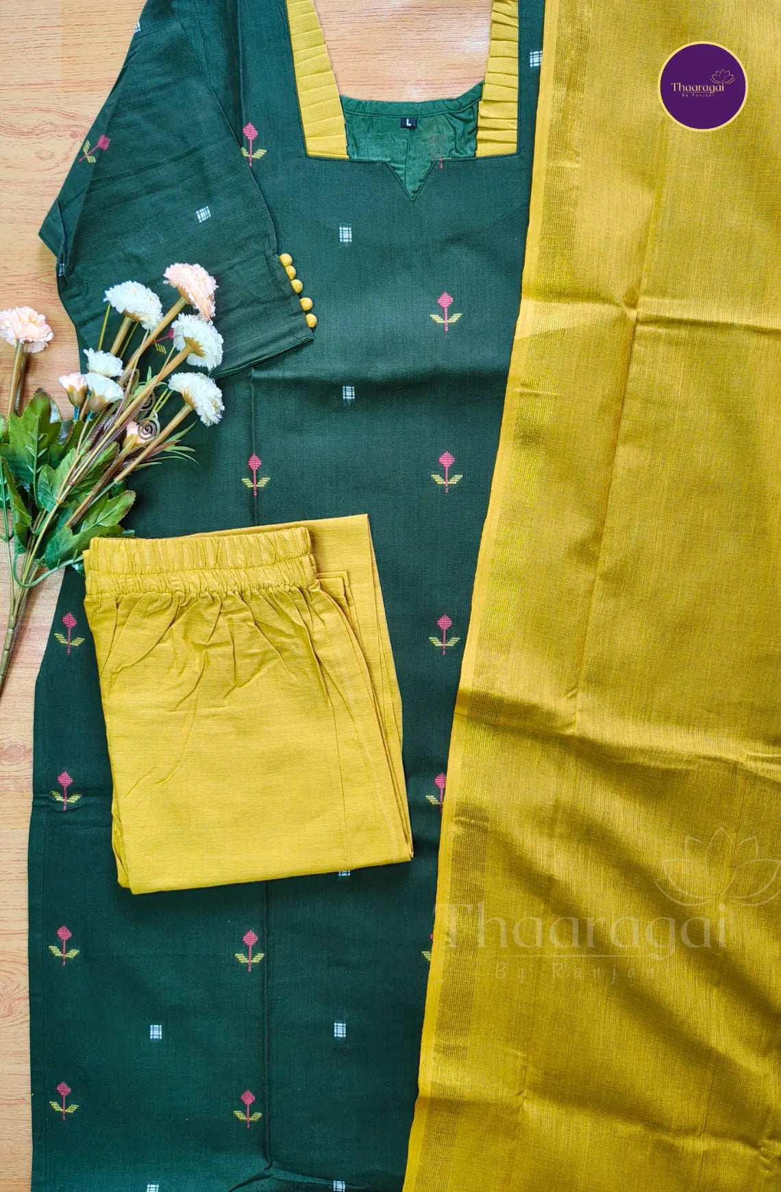 Pure Handloom Cotton Kurti Set in Olive Green - 3 Piece Set
