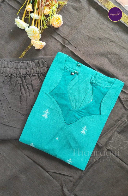 Pure Handloom Cotton Kurti Set in Aqua Blue - 3 Piece Set
