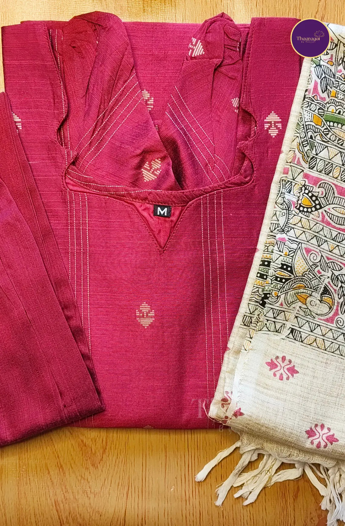 Raw Silk Rani Pink Kurti Set with Madhubani Print Dupatta