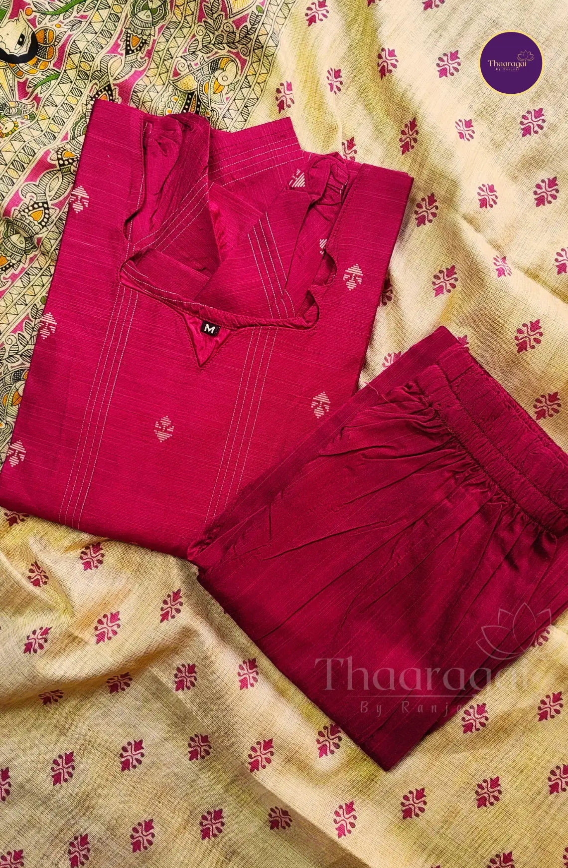 Raw Silk Rani Pink Kurti Set with Madhubani Print Dupatta