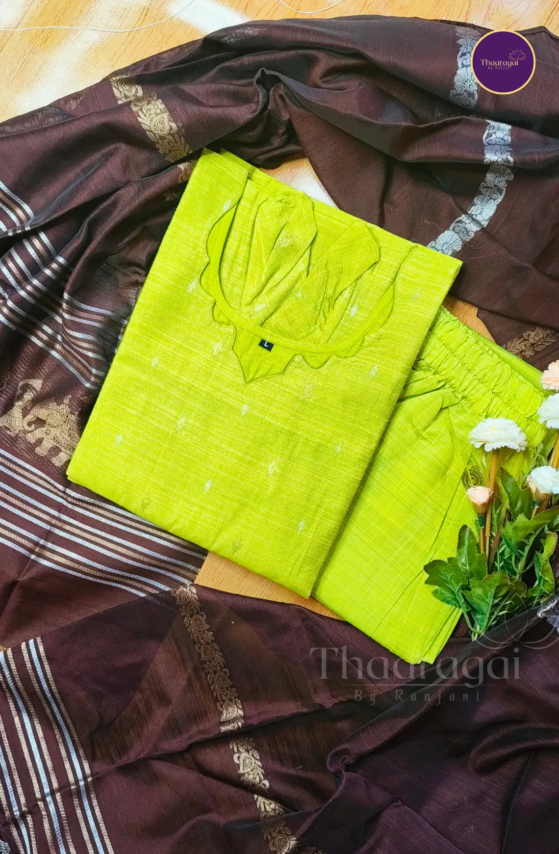 Raw Silk Lime Green Kurti Set with Brown Zari Dupatta - 3 Piece Set