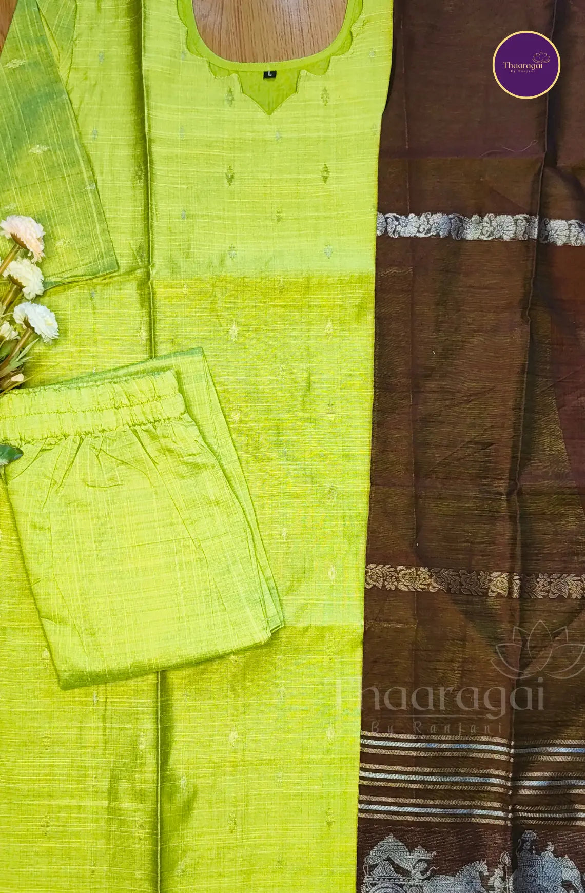 Raw Silk Lime Green Kurti Set with Brown Zari Dupatta - 3 Piece Set