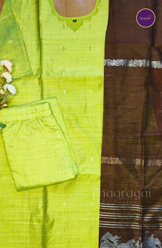 Raw Silk Lime Green Kurti Set with Brown Zari Dupatta - 3 Piece Set