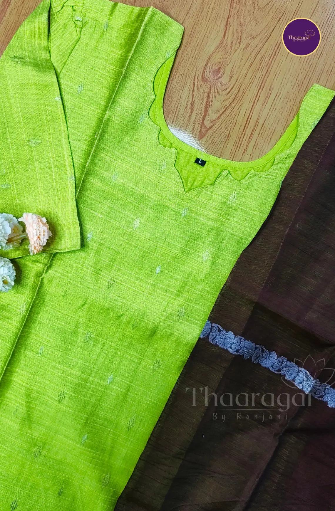 Raw Silk Lime Green Kurti Set with Brown Zari Dupatta - 3 Piece Set