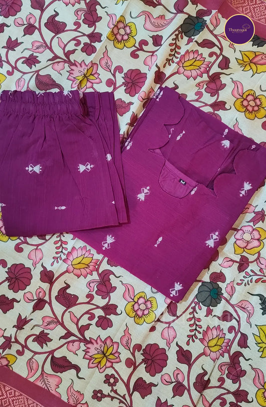 Raw Silk Magenta Coord Set with Silky Kalamkari Printed Dupatta