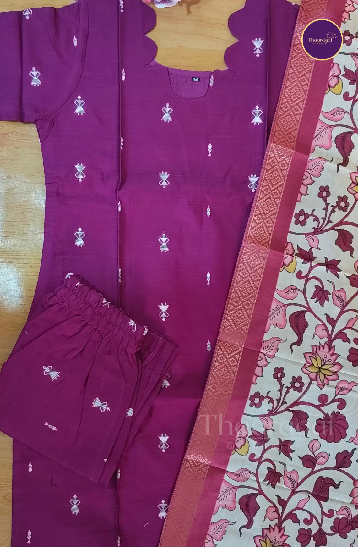 Raw Silk Magenta Coord Set with Silky Kalamkari Printed Dupatta