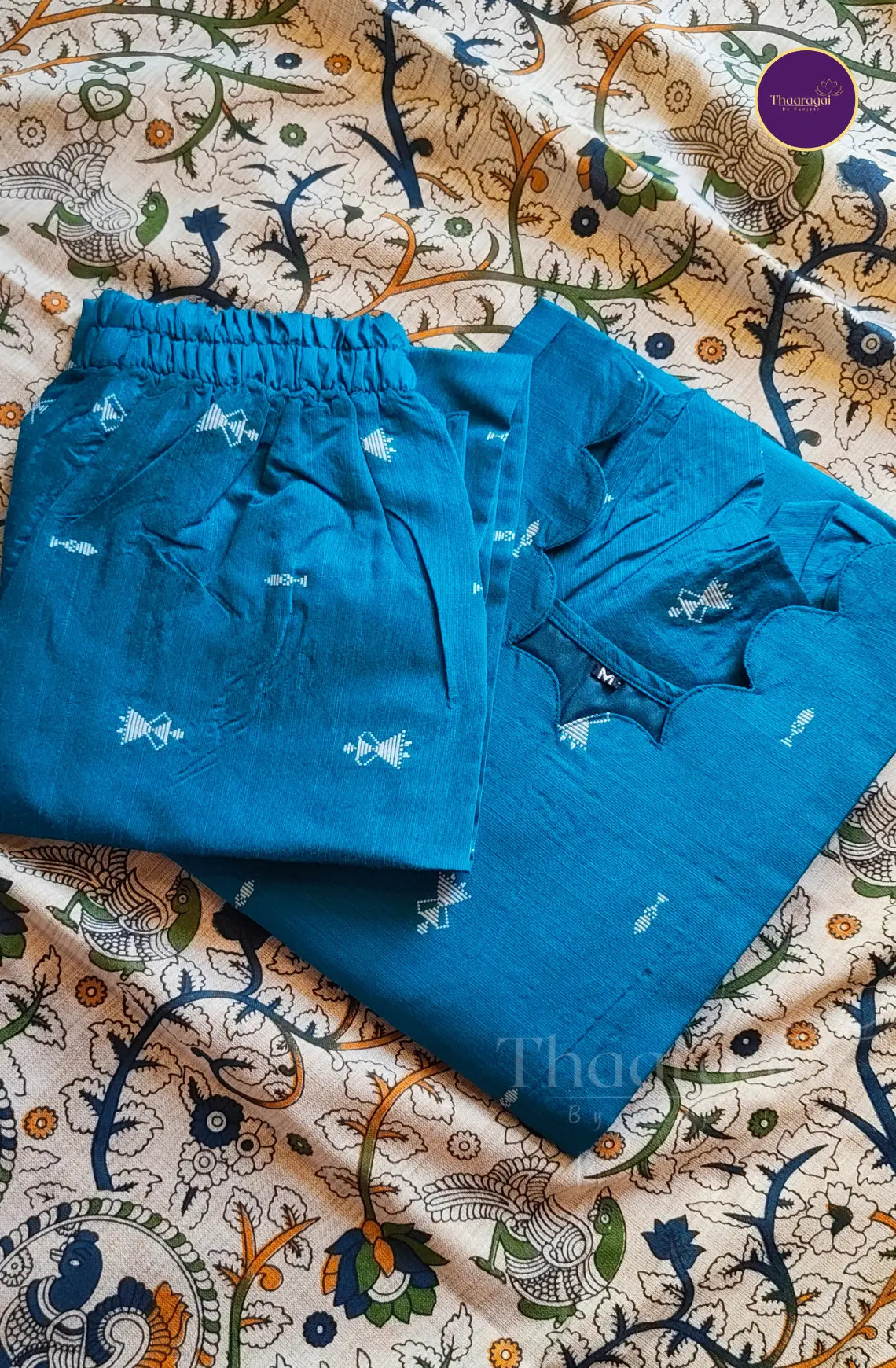 Raw Silk Peacock Blue Coord Set with Madhubani Print Dupatta