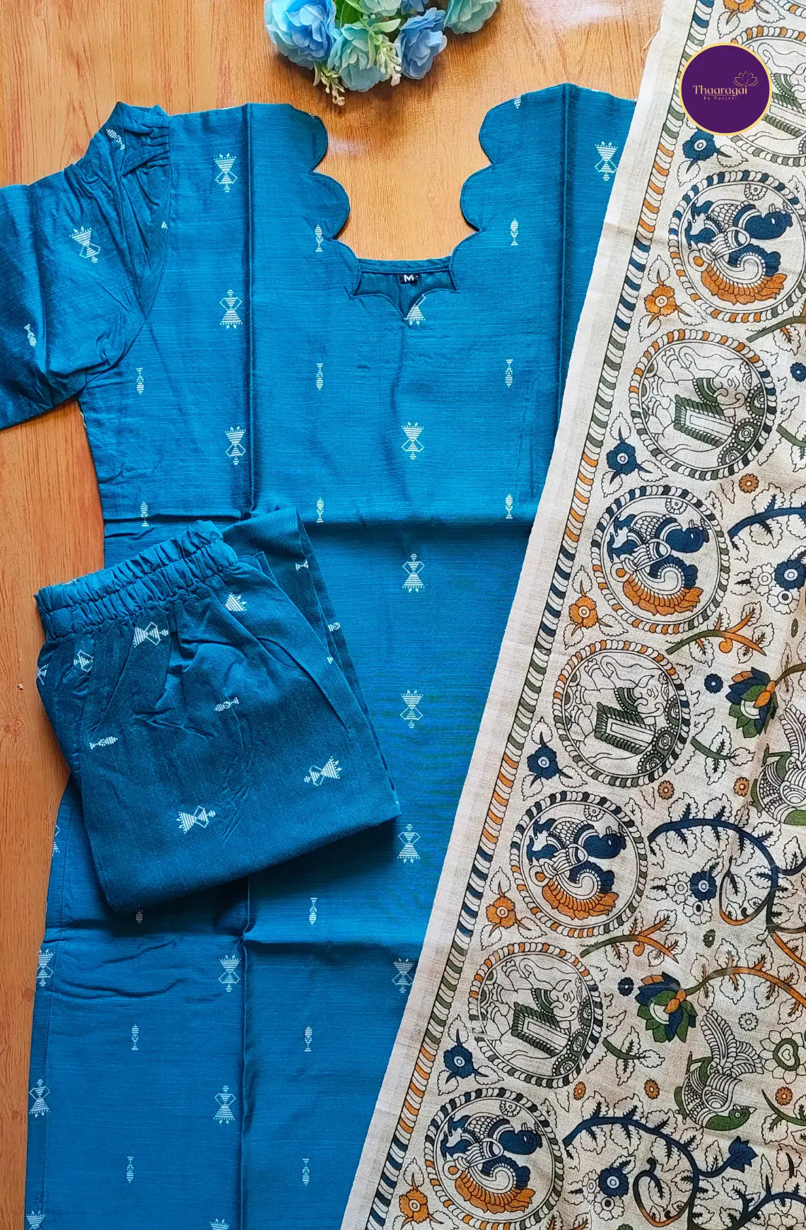 Raw Silk Peacock Blue Coord Set with Madhubani Print Dupatta