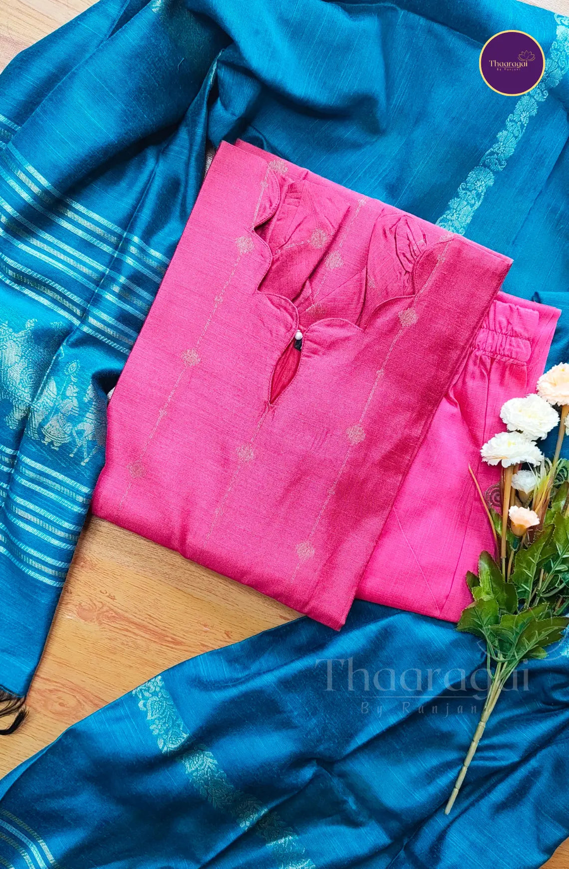 Raw Silk Rose Red Kurti Set with Green Zari Dupatta - 3 Piece Set