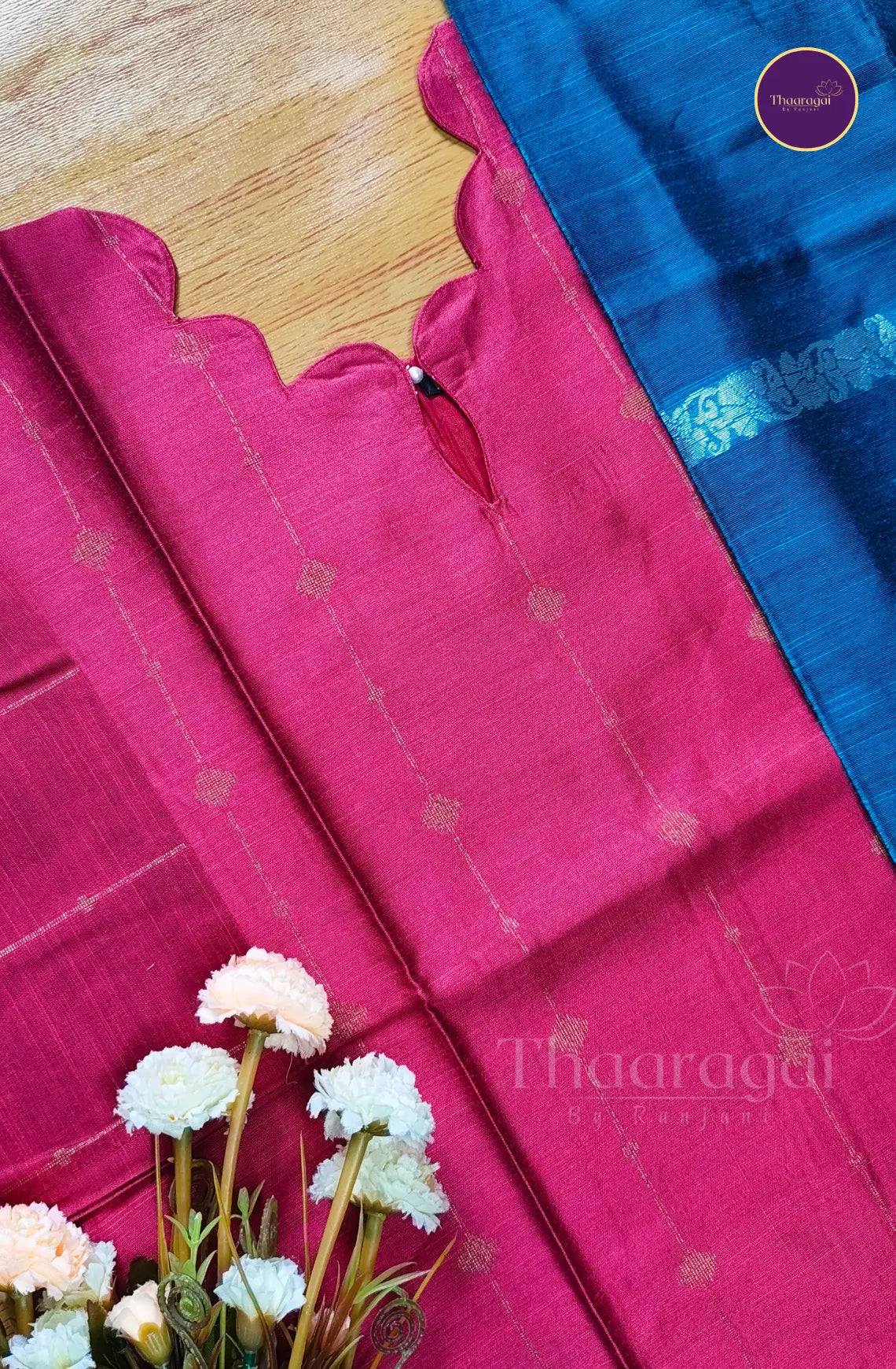 Raw Silk Rose Red Kurti Set with Green Zari Dupatta - 3 Piece Set