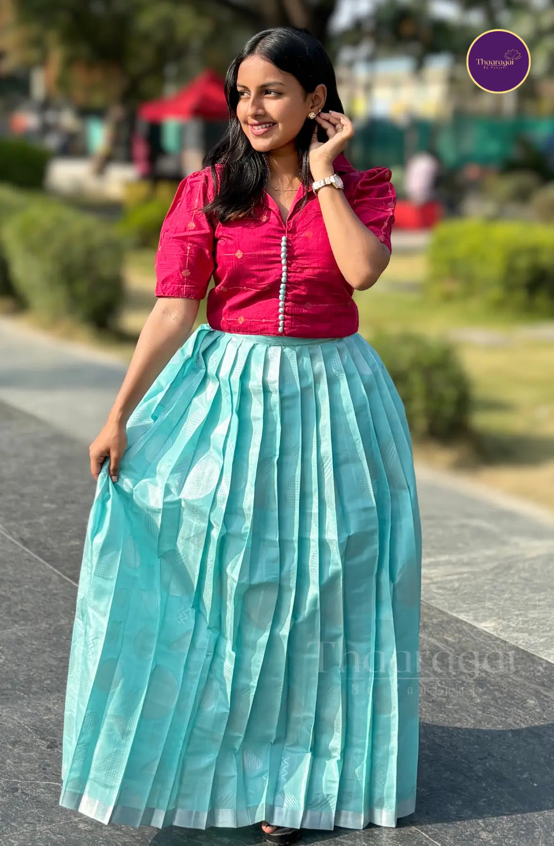 Raw Silk Stiched Rani Pink Top with Kota Tissue Sky Blue Skirt - Ethnic Wear