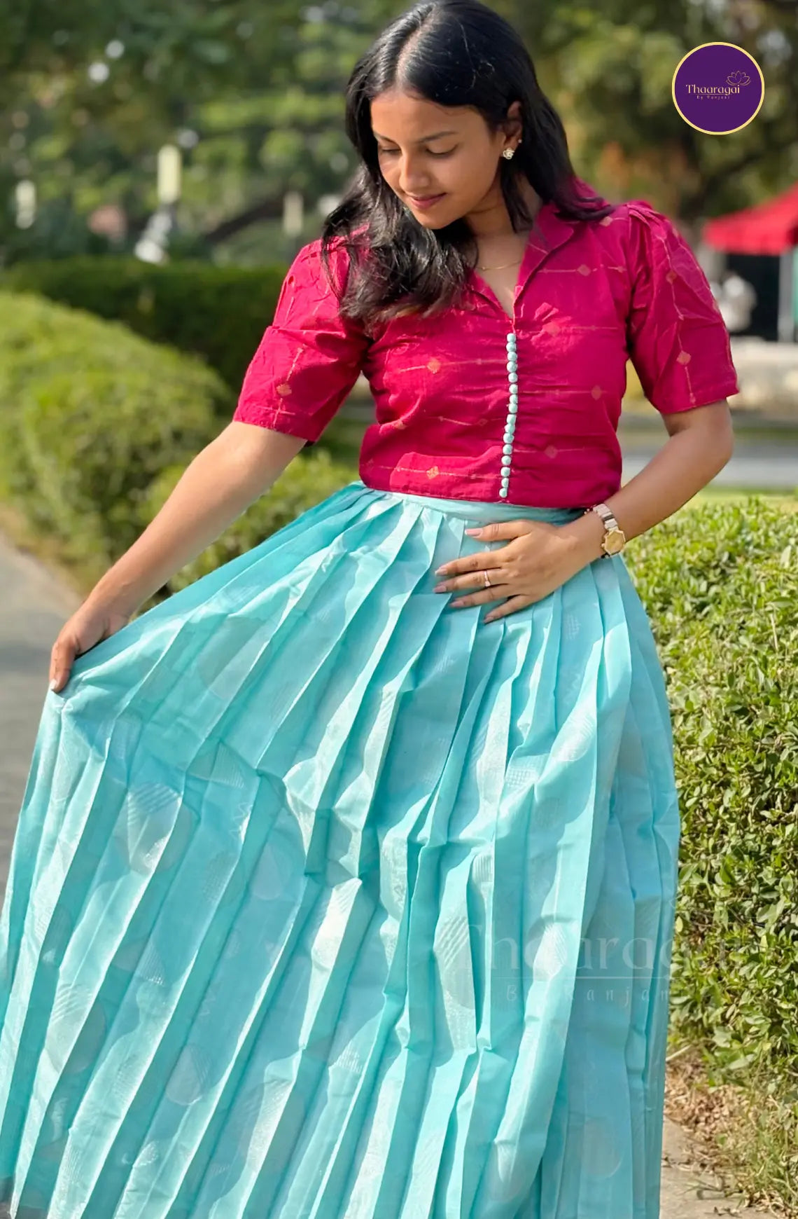 Raw Silk Stiched Rani Pink Top with Kota Tissue Sky Blue Skirt - Ethnic Wear