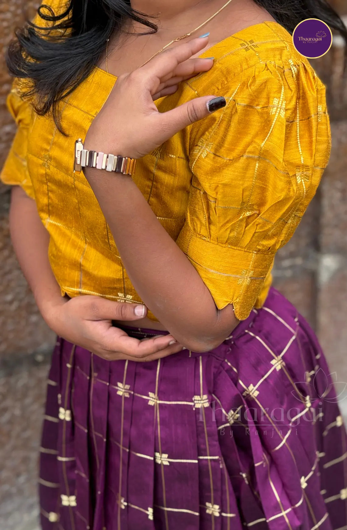 Raw Silk Stiched Yellow Top with Deep Purple Skirt - Ethnic Wear