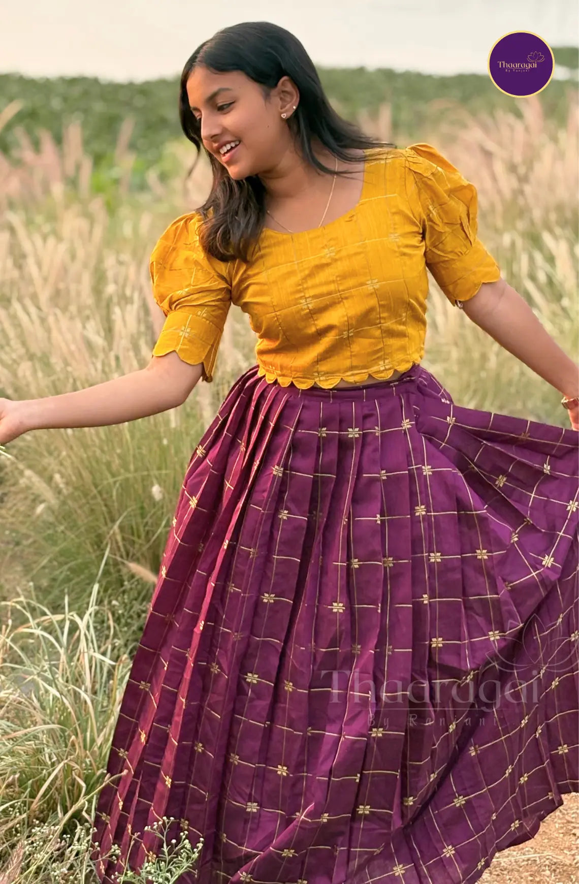 Raw Silk Stiched Yellow Top with Deep Purple Skirt - Ethnic Wear