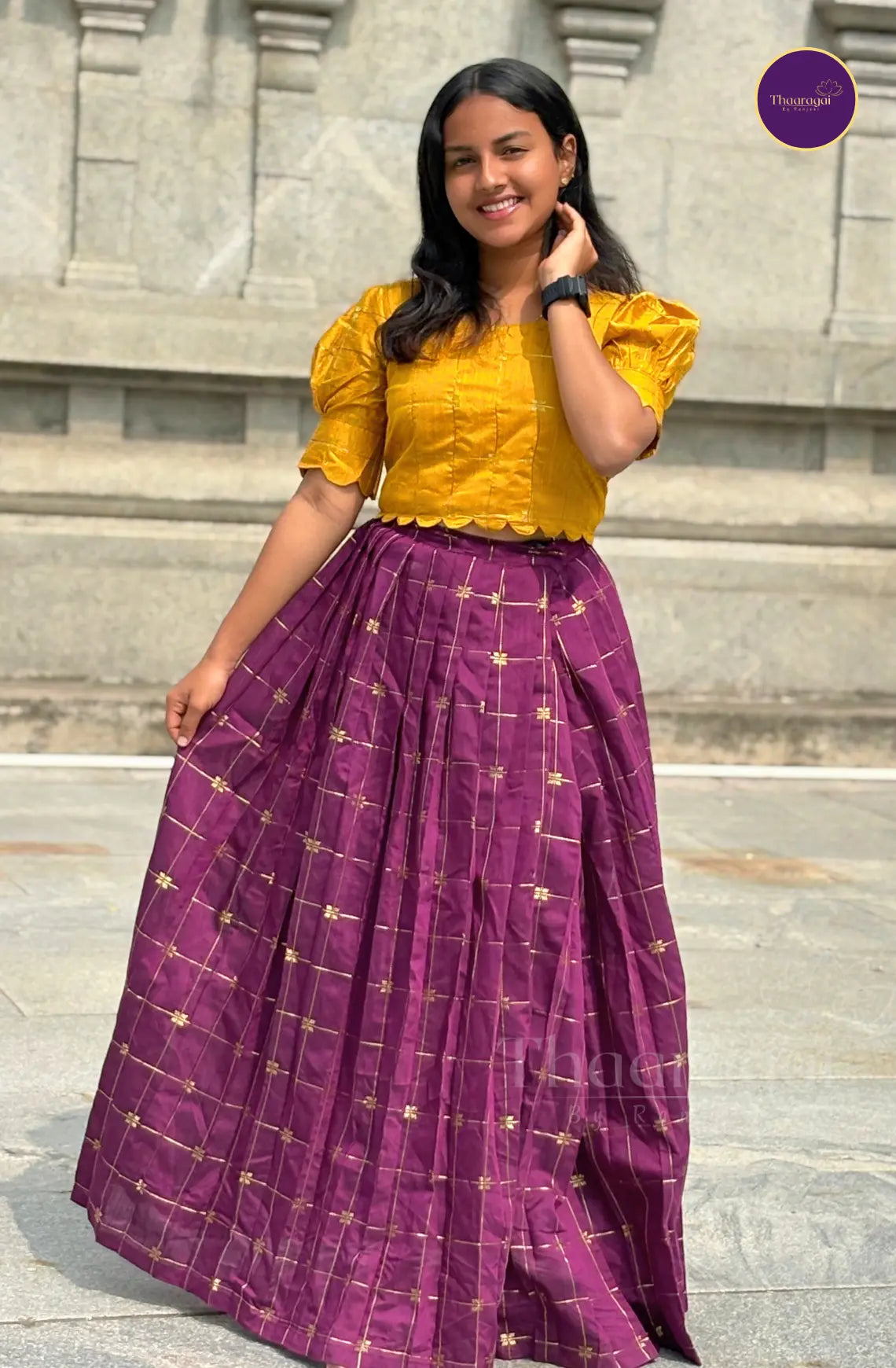 Raw Silk Stiched Yellow Top with Deep Purple Skirt - Ethnic Wear