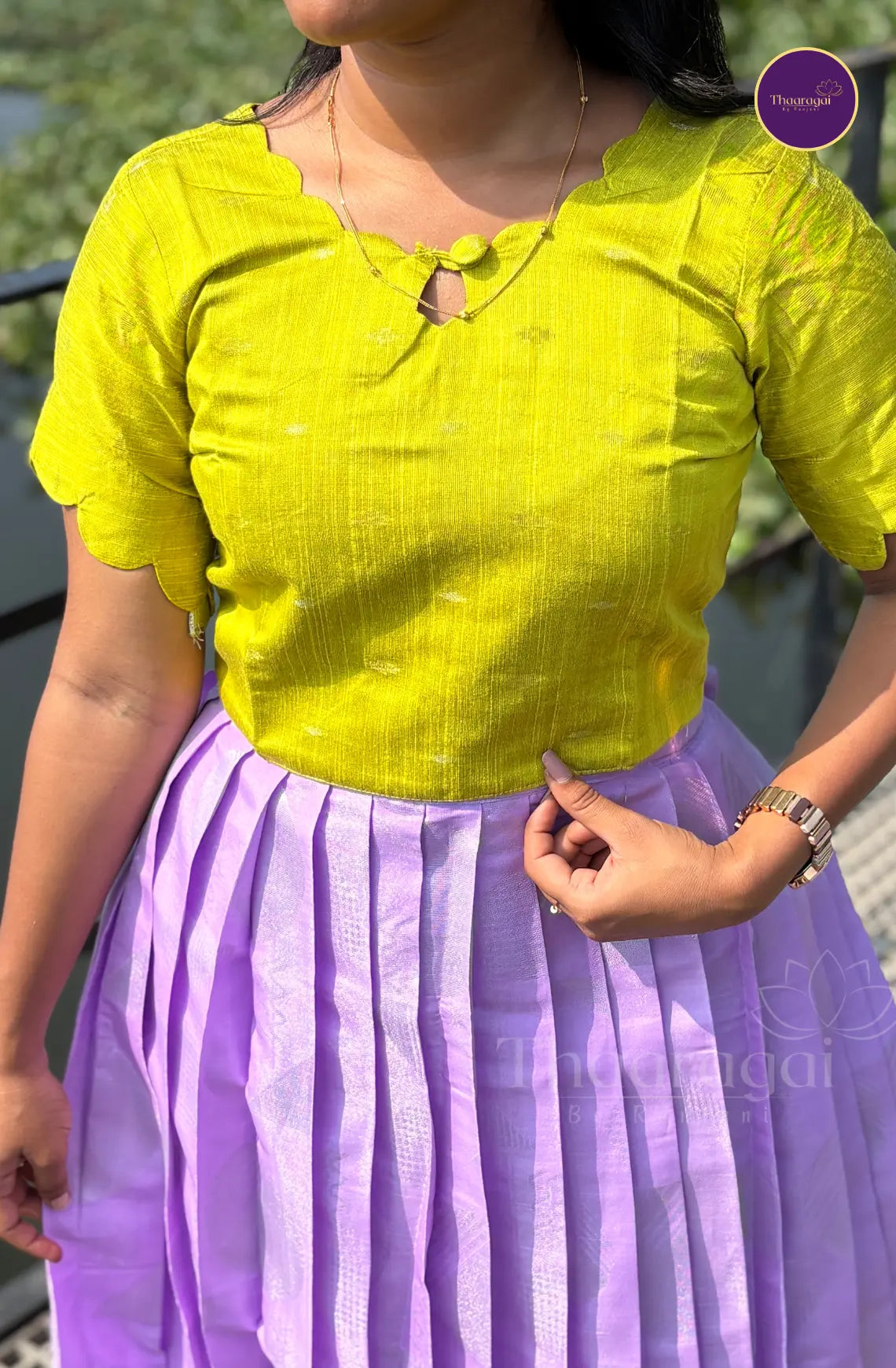 Raw Silk Green Top with Kota Tissue Lavender Skirt - Ethnic Wear
