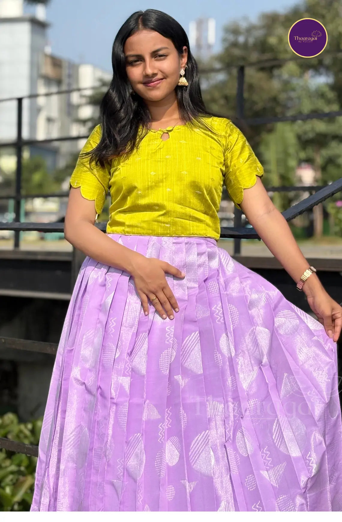 Raw Silk Green Top with Kota Tissue Lavender Skirt - Ethnic Wear