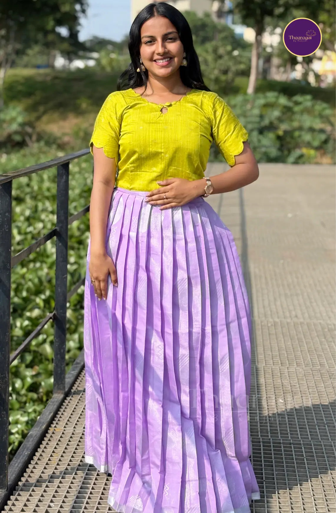 Raw Silk Green Top with Kota Tissue Lavender Skirt - Ethnic Wear
