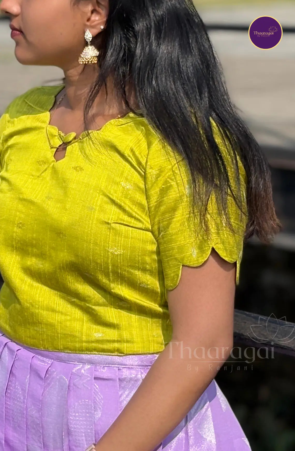 Raw Silk Green Top with Kota Tissue Lavender Skirt - Ethnic Wear