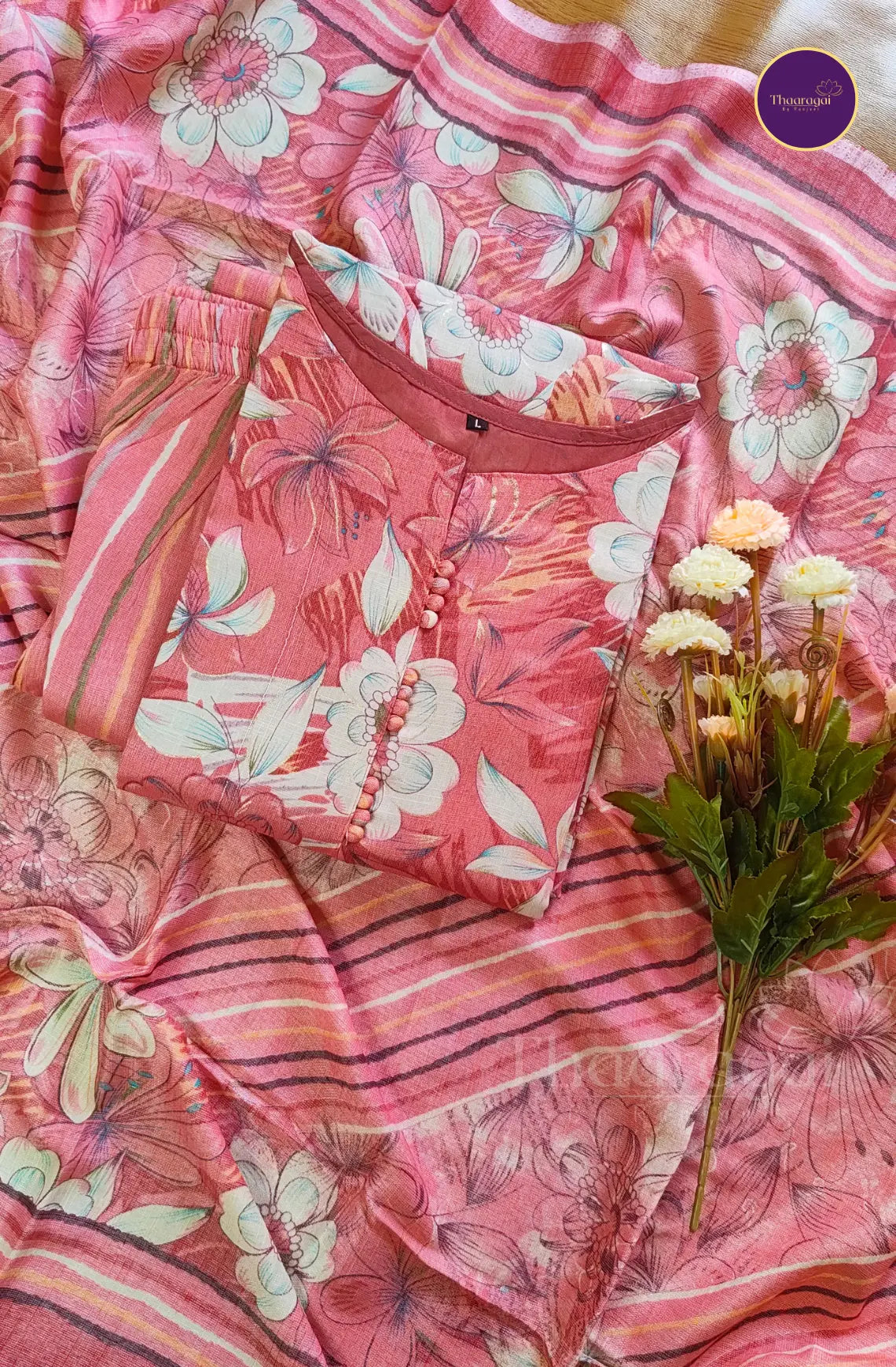 Soft Blush Floral Cotton Kurti Set - 3 Piece Set