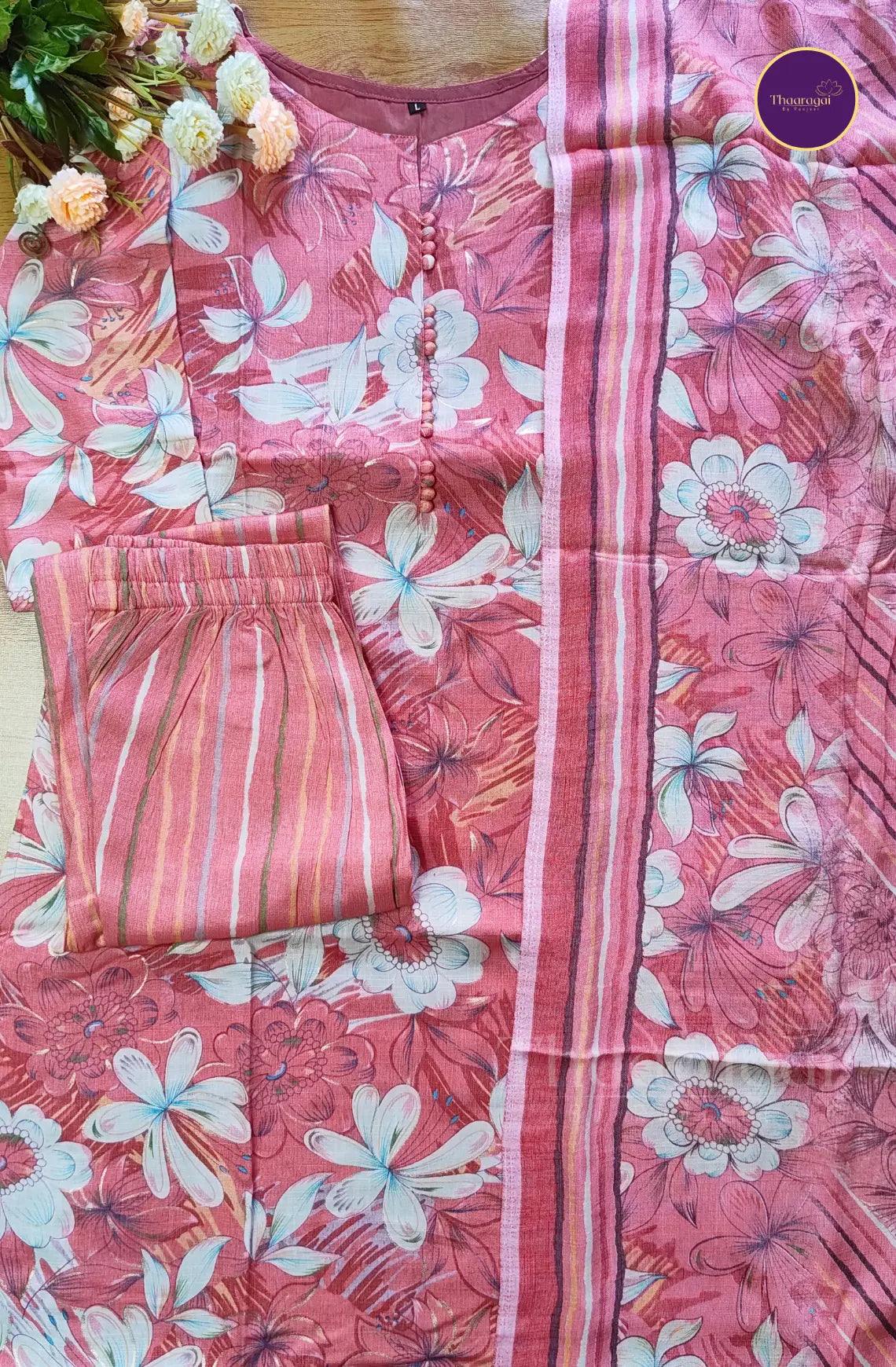 Soft Blush Floral Cotton Kurti Set - 3 Piece Set