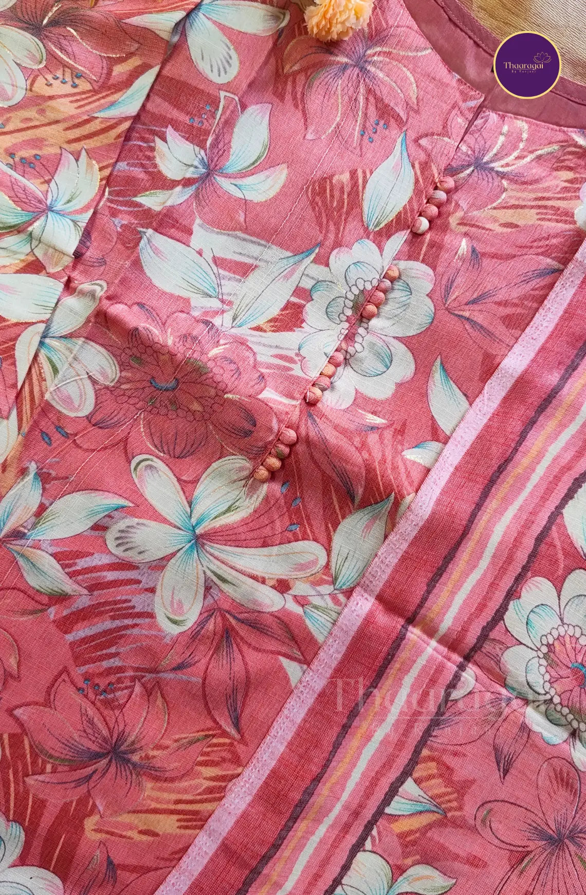 Soft Blush Floral Cotton Kurti Set - 3 Piece Set